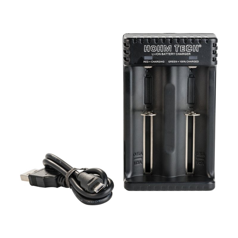 hohm tech school 2 channel battery charger front view with usb cable