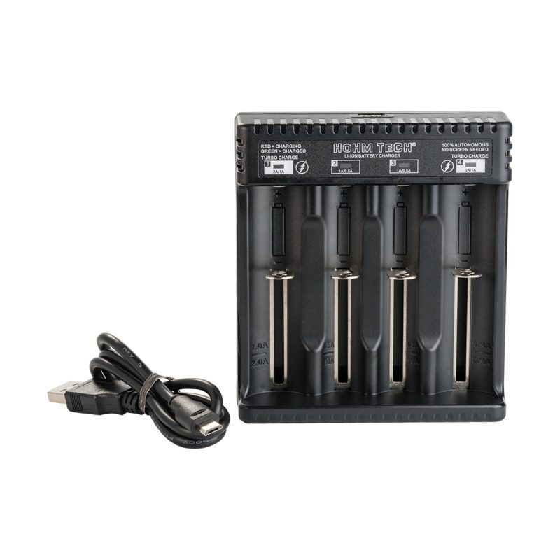 hohm tech school 4 channel battery charger front view with usb cable