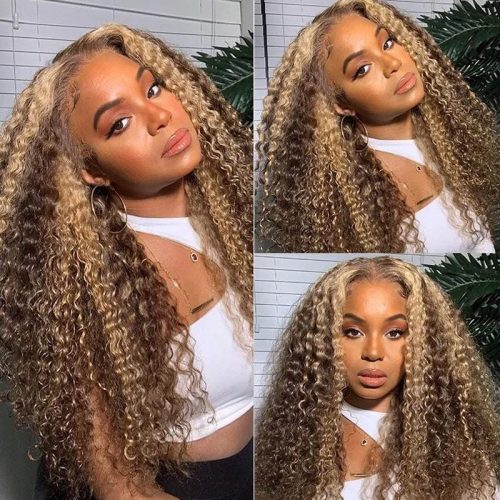 Honey Blonde Highlight Lace Front Wigs Jerry Curly Human Hair Wigs