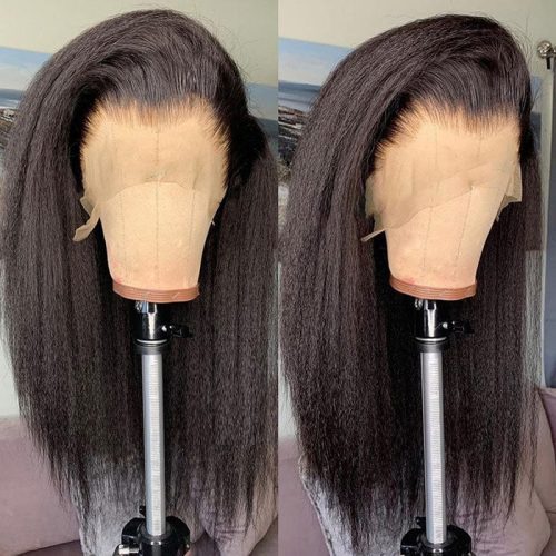 Klaiyi Kinky Straight Realistic Lace Frontal Wigs Natural Density Breathable Human Hair Wigs