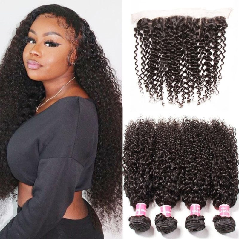 Indian curly hair 4 bundles with lace frontal klaiyi hair