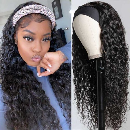 Klaiyi Headband Water Wave Wig With Pre attached Scarf 180 Density Human Hair Wigs 7