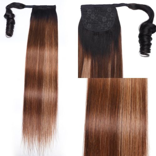 Klaiyi1B412BrownOmbreClipinStraightPonytailsHairExtensionsWrapAroundPonytailBraids 3