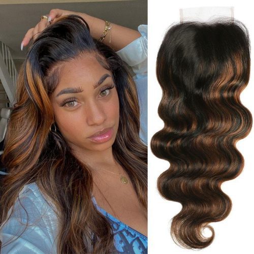 KlaiyiBrownBalayageHighlightColor4x4SwissLaceClosureBodyWaveVirginHumanHair 4