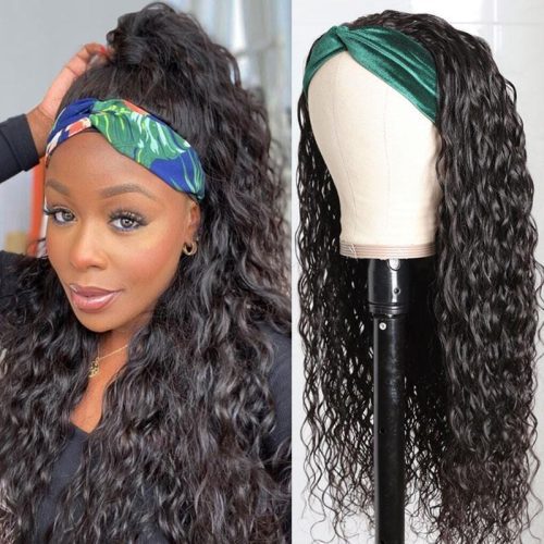 KlaiyiHeadbandWaterWaveWigWithPre attachedScarf180 DensityHumanHairWigs 1