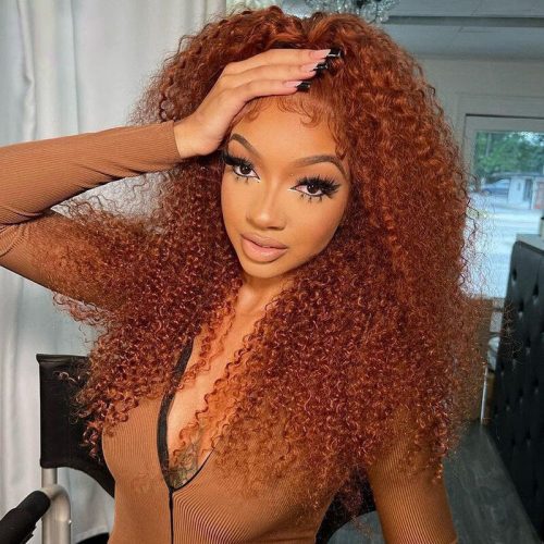 KlaiyiMediumAuburnBrownColoredJerryCurlyLaceFrontWigsVirginHumanHairNaturalDensity1