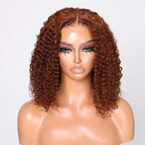 KlaiyiReddishBrownJerryCurlyBOBWig6x4.75Pre cutGluelessLaceWear GoWigsFlashSale 2