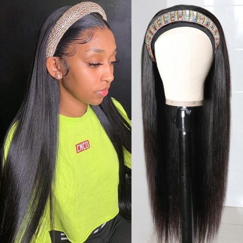 KlaiyiStraightHumanHairWigsWithHeadbandsAttachedNonLaceFrontWigsBlackColor150 Density 1