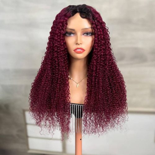 KlaiyiVPartJerryCurlyNoLeaveOutGluelessWigsDarkRoots99JColorHumanHairWigs 2