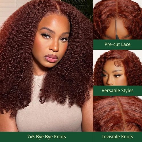 KlaiyiWearAndGo7x5ByeByeKnotsPre cutGluelessLaceWigAuburnBrownColorKinkyCurlyHumanHair