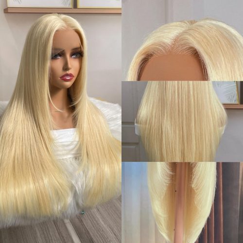 Klaiyi 613BlondeBoneStraightLaceFrontWigswithLayerInnerBuckleVirginHumanHairWigsForWomen