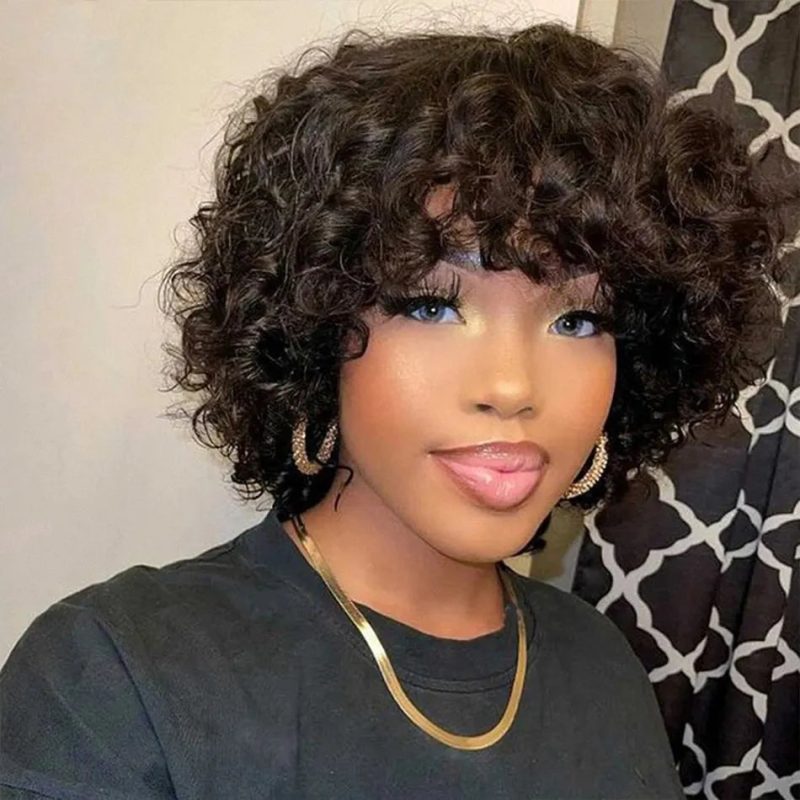 Wholesale Bouncy Curly Fringe Wig Pixie Cut Wig Short Curly Human Hair Wigs Egg Curls Bob Wig with Bangs 10 off