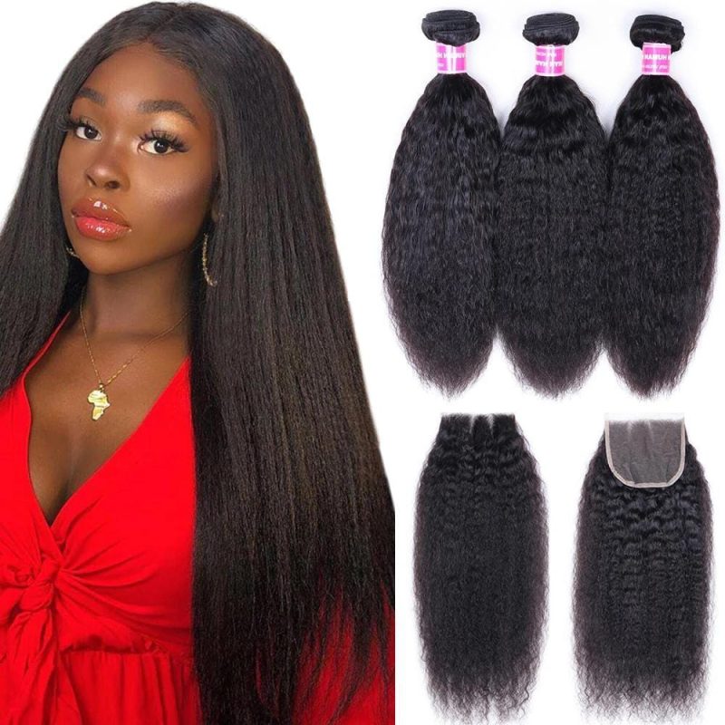 klaiyi kinky straight hair 3 bundles with lace closure